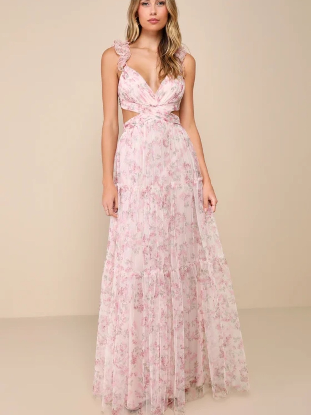 Lulu's Blush Pink Floral Cutout Ruffle Strap Maxi Dress